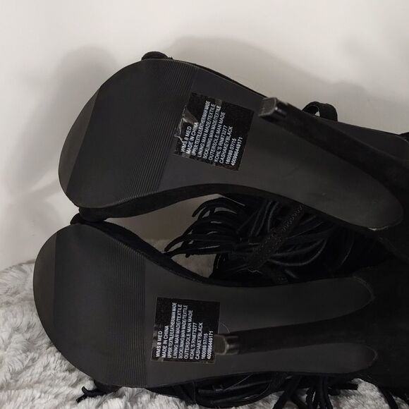 Candie's Black Suede Fringed Heeled Sandals - Picture 5 of 8